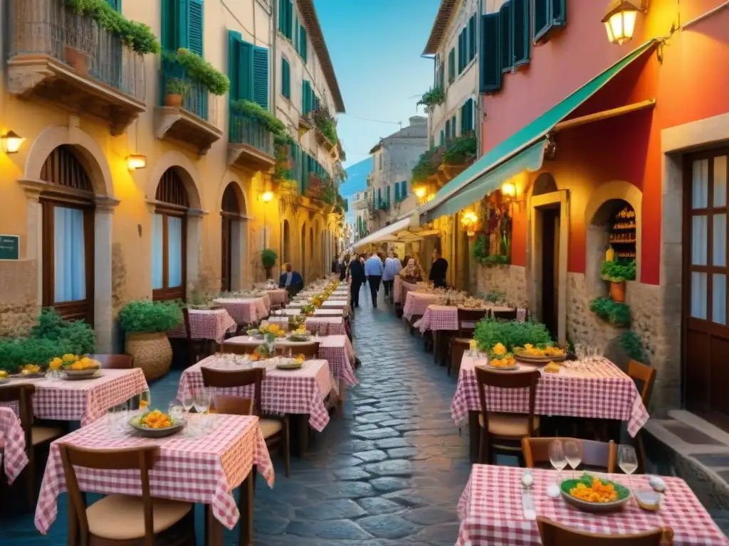 Una escena bulliciosa en una calle de Sicilia con encantadores restaurantes tradicionales sicilianos, mesas con manteles de cuadros y platos de pasta