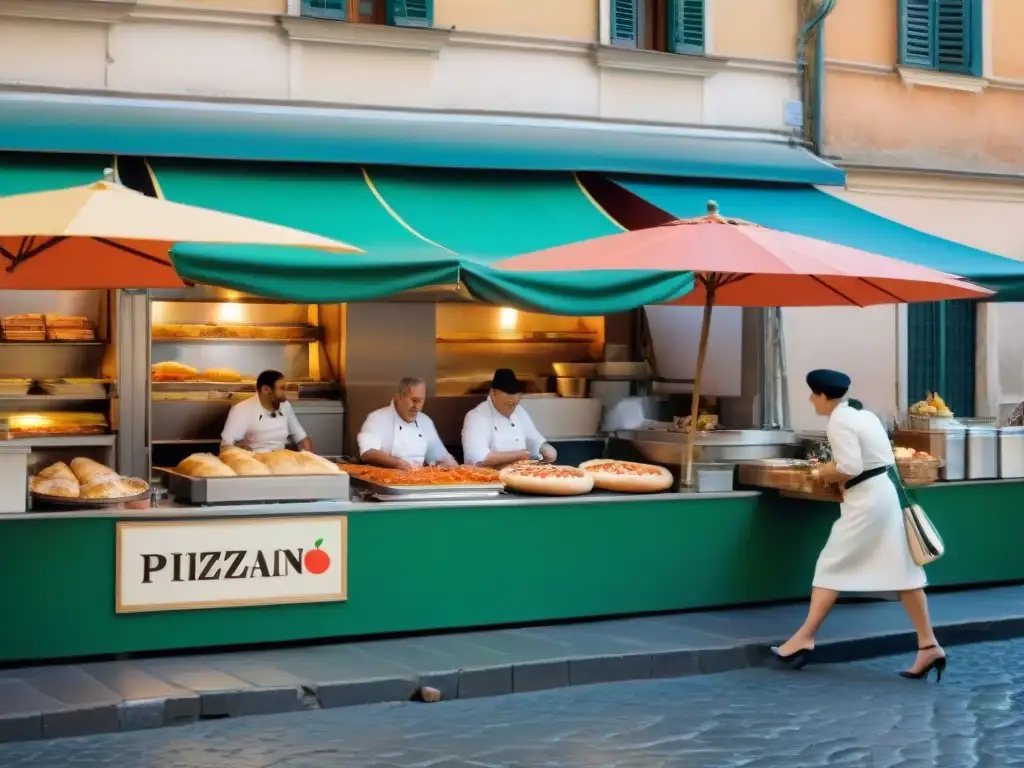 Escena bulliciosa de la revolución pizza callejera en Roma con puestos de comida tradicional italiana y gente disfrutando