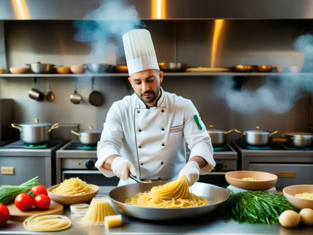 Una escena bulliciosa en una cocina italiana: el chef lanza pasta fresca al aire mientras los estudiantes aprenden