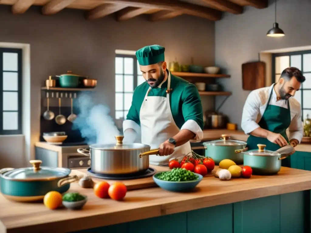 Una escena bulliciosa en una cocina italiana, chefs preparando platos tradicionales y compartiendo tips en redes sociales