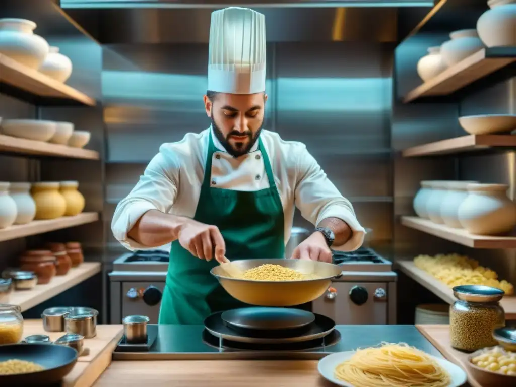 Escena bulliciosa en una cocina italiana tradicional con chefs preparando comida, evocando la cultura culinaria de los restaurantes en Italia