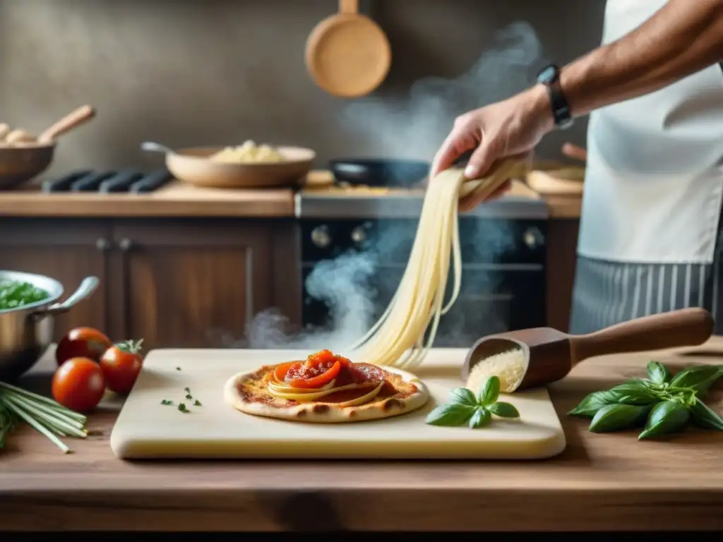 Una escena bulliciosa en una cocina italiana tradicional: chefs preparando pasta y pizza, salsa de tomate en la estufa, hierbas y verduras frescas