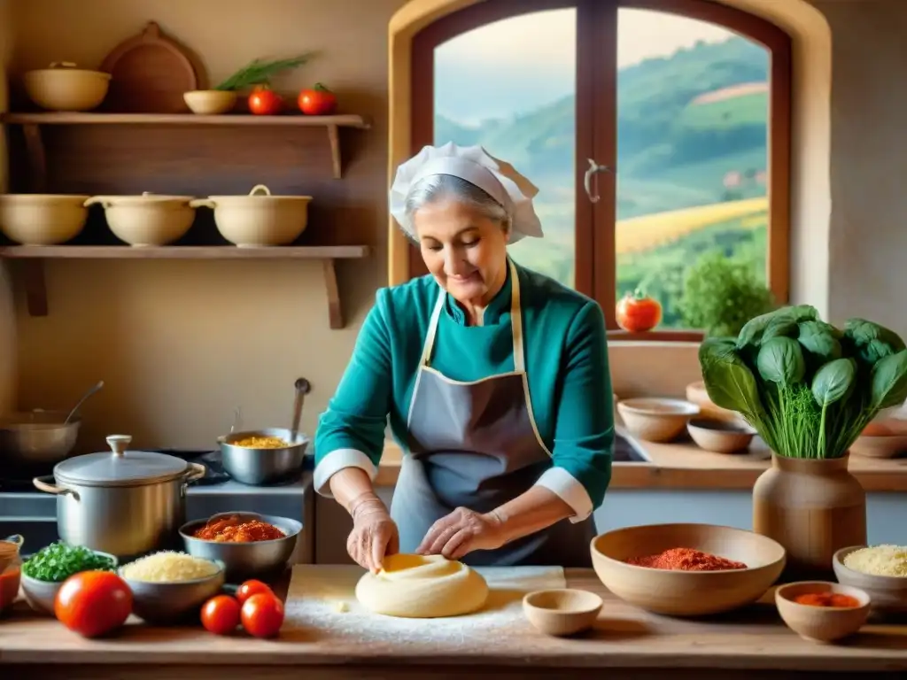 Escena bulliciosa de cocina italiana tradicional con una nonna amasando masa para pasta, salsas de tomate ricas, hierbas frescas y vegetales coloridos