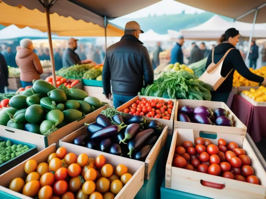Mercado agrícola en Italia: colores y sabores frescos Una escena bulliciosa de un mercado de agricultores en Italia con una variedad de productos frescos y coloridos