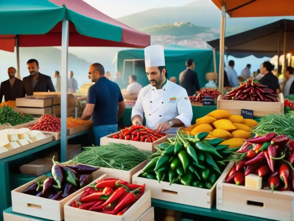 Una escena bulliciosa en un mercado al aire libre de Calabria, Italia, con ingredientes vibrantes y chefs conversando bajo el cálido sol mediterráneo