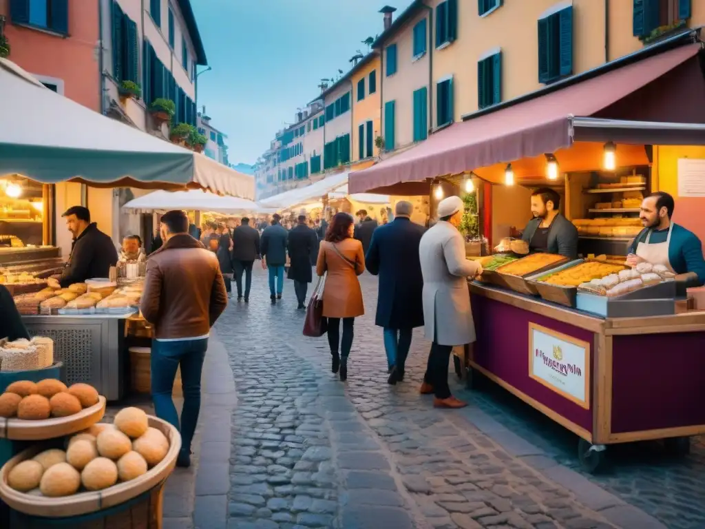 Escena bulliciosa de un mercado callejero italiano al atardecer con una variedad de puestos de comida vendiendo platos tradicionales