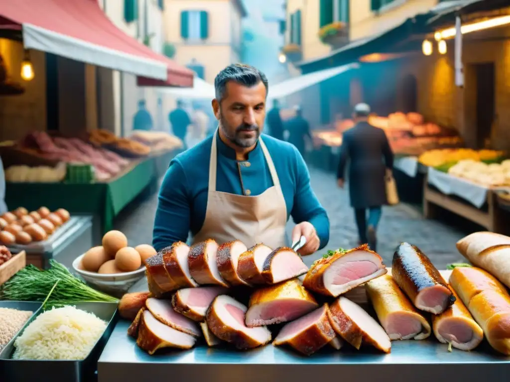 Escena bulliciosa de un mercado callejero en Lazio, Italia, con vendedor de Porchetta di Ariccia