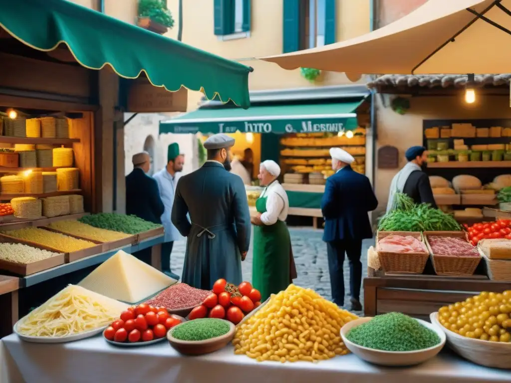 Una escena bulliciosa de un mercado italiano del siglo XV con ingredientes variados