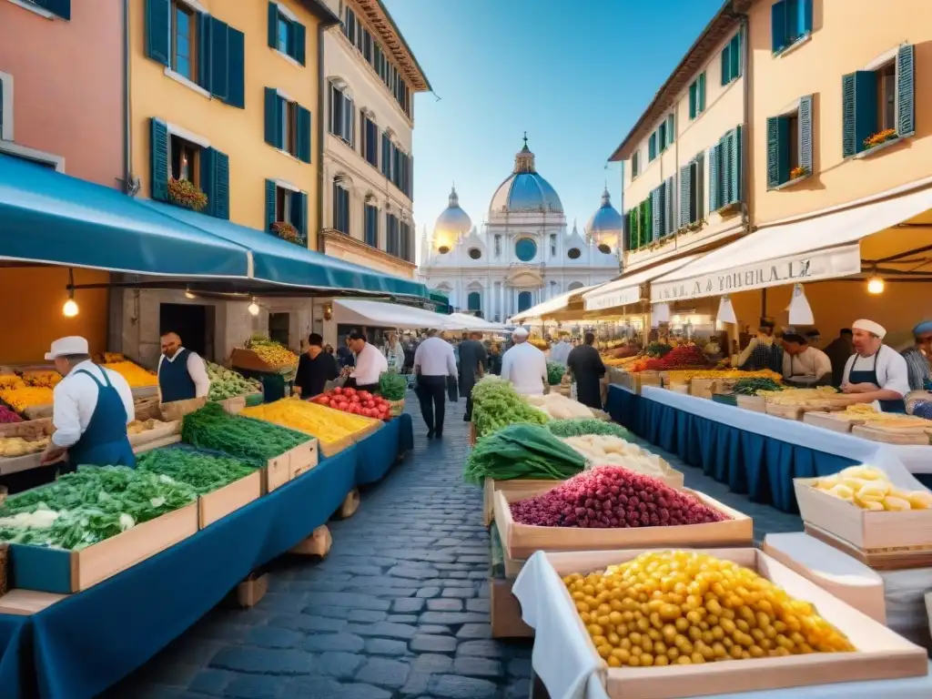 Escena bulliciosa en un mercado italiano con productos frescos, pasta colorida y quesos artesanales, bajo un cielo azul