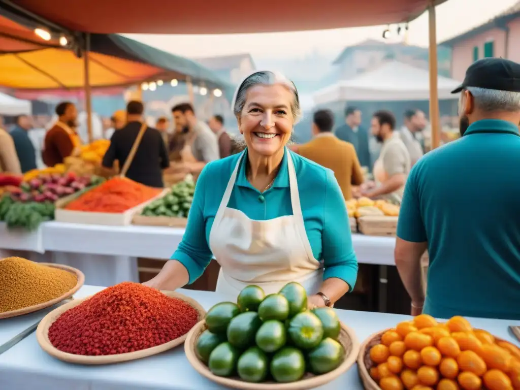 Escena bulliciosa en mercado italiano con integración culinaria Italia kimchi tiramisú