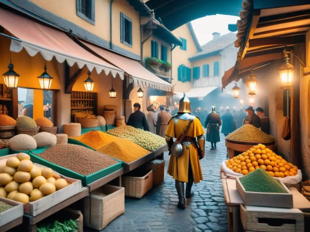 Escena bulliciosa de mercado medieval en Italia durante las Cruzadas, con influencia de las Cruzadas en la gastronomía italiana