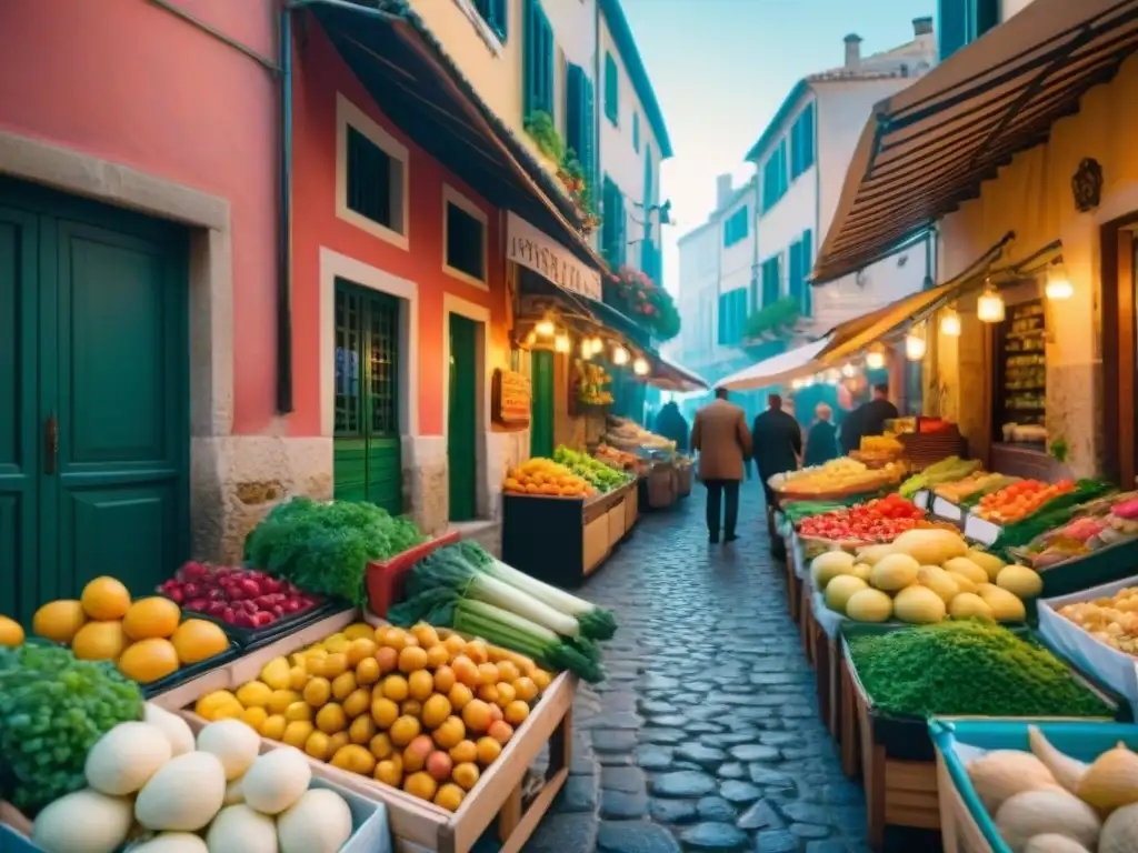 Escena bulliciosa en un mercado mediterráneo, con puestos de frutas, verduras y mariscos