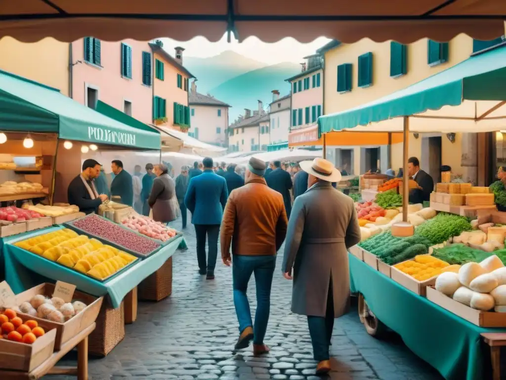 Escena bulliciosa de mercado en Italia, con productos frescos y locales