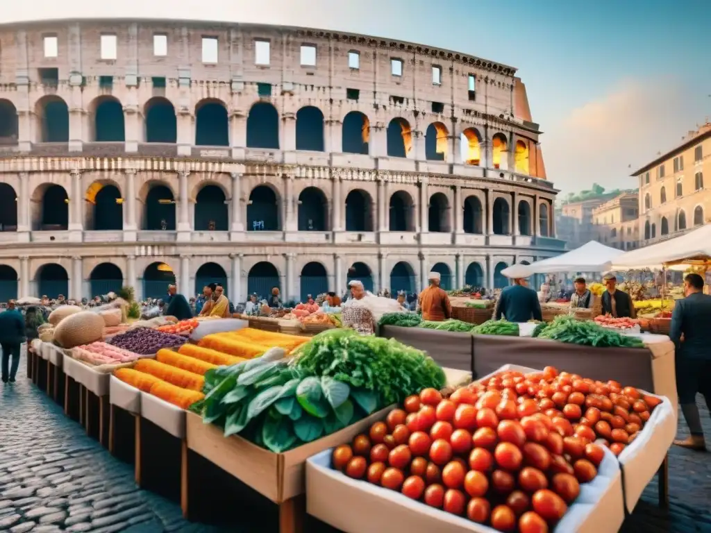 Escena bulliciosa en mercado romano con productos frescos y arquitectura histórica