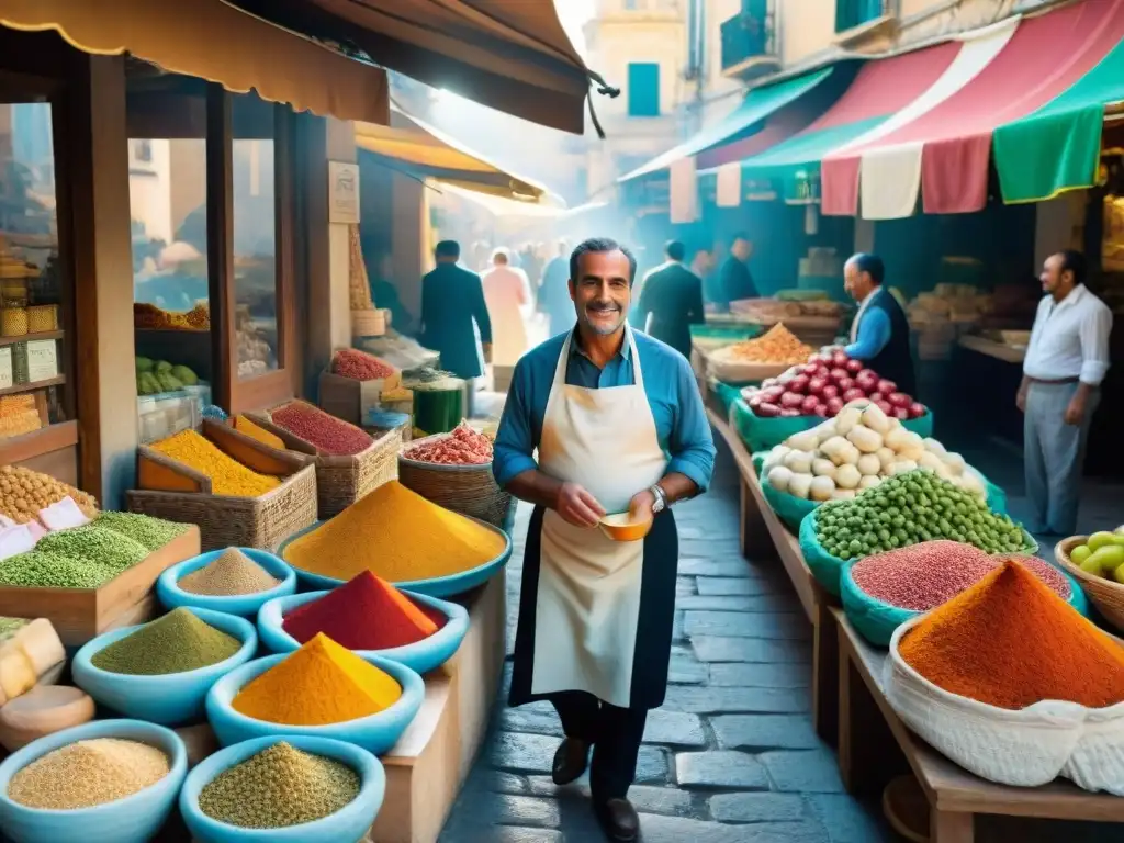 Escena bulliciosa en mercado siciliano con influencia árabe: puestos coloridos, especias y frutas frescas, vendedores y cerámica tradicional