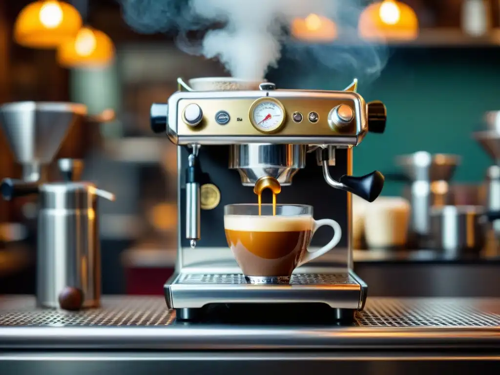 Escena en una cafetería italiana con una antigua máquina de espresso detallada, baristas creando espresso, historia primer espresso cocina italiana