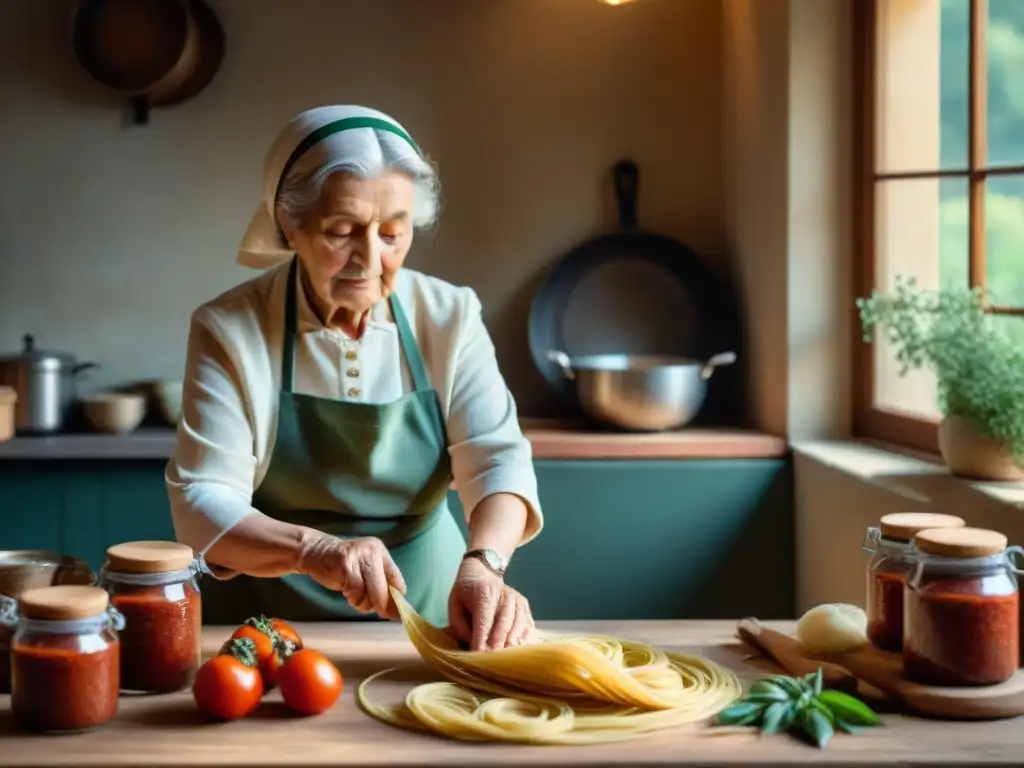 Una escena cálida de cocina casera italiana recetas tradicionales con una nonna amasando pasta fresca en una villa rústica