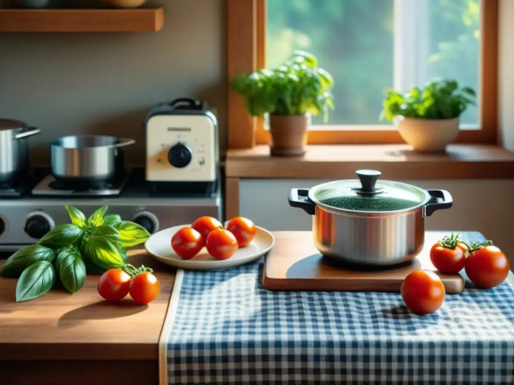 Escena cálida de cocina italiana con equilibrio perfecto entre tradición y tecnología