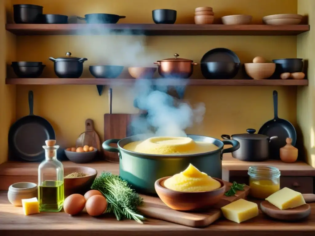 Escena cálida de cocina italiana tradicional con historia polenta, ingredientes y utensilios vintage