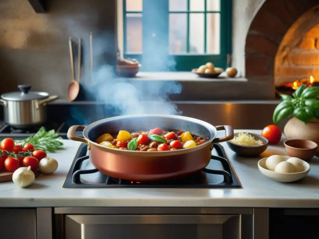 Escena cálida de cocina italiana tradicional con técnicas de cocción lenta italiana