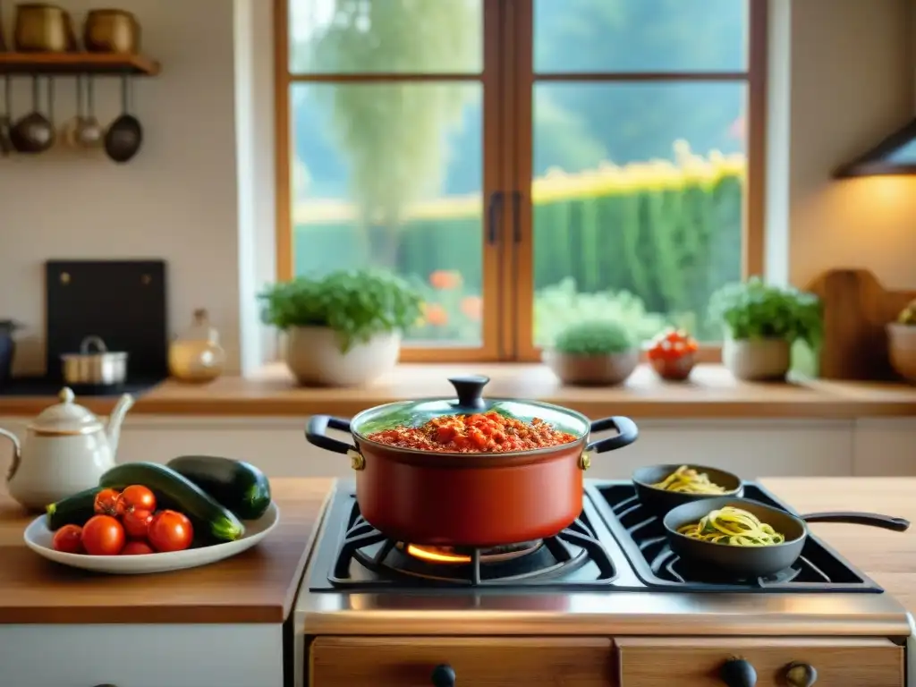 Escena cálida de cocina italiana con recetas bajas carbohidratos