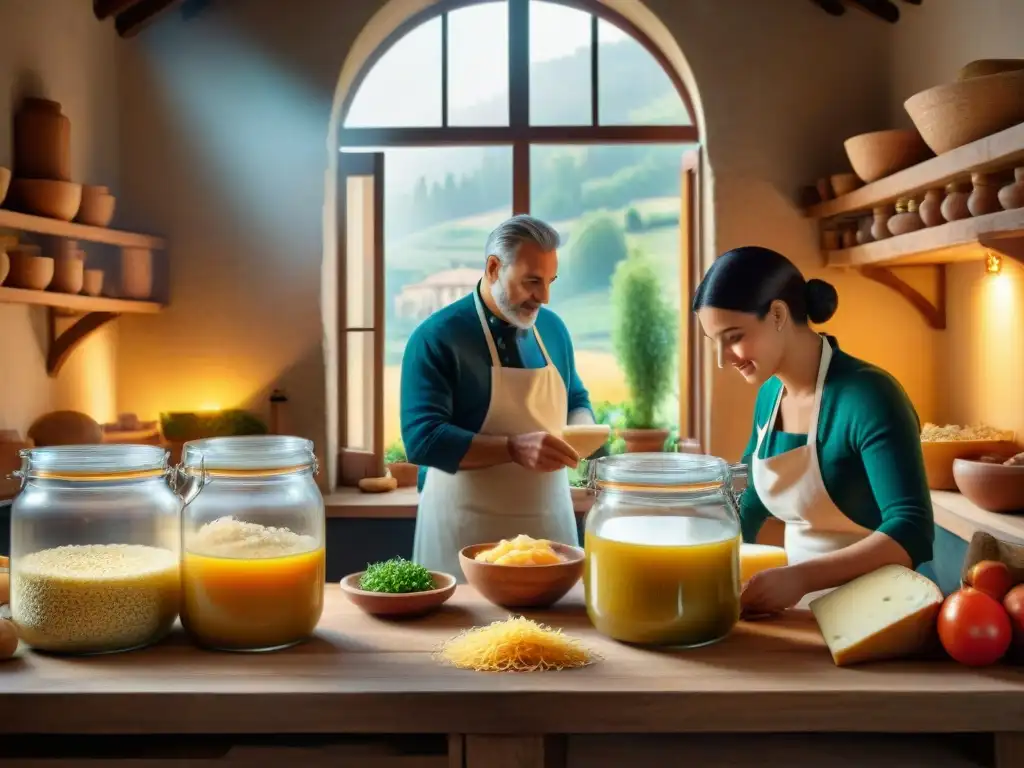 Una escena cálida y detallada de una familia italiana en una cocina rústica, con fermentaciones en la cocina italiana