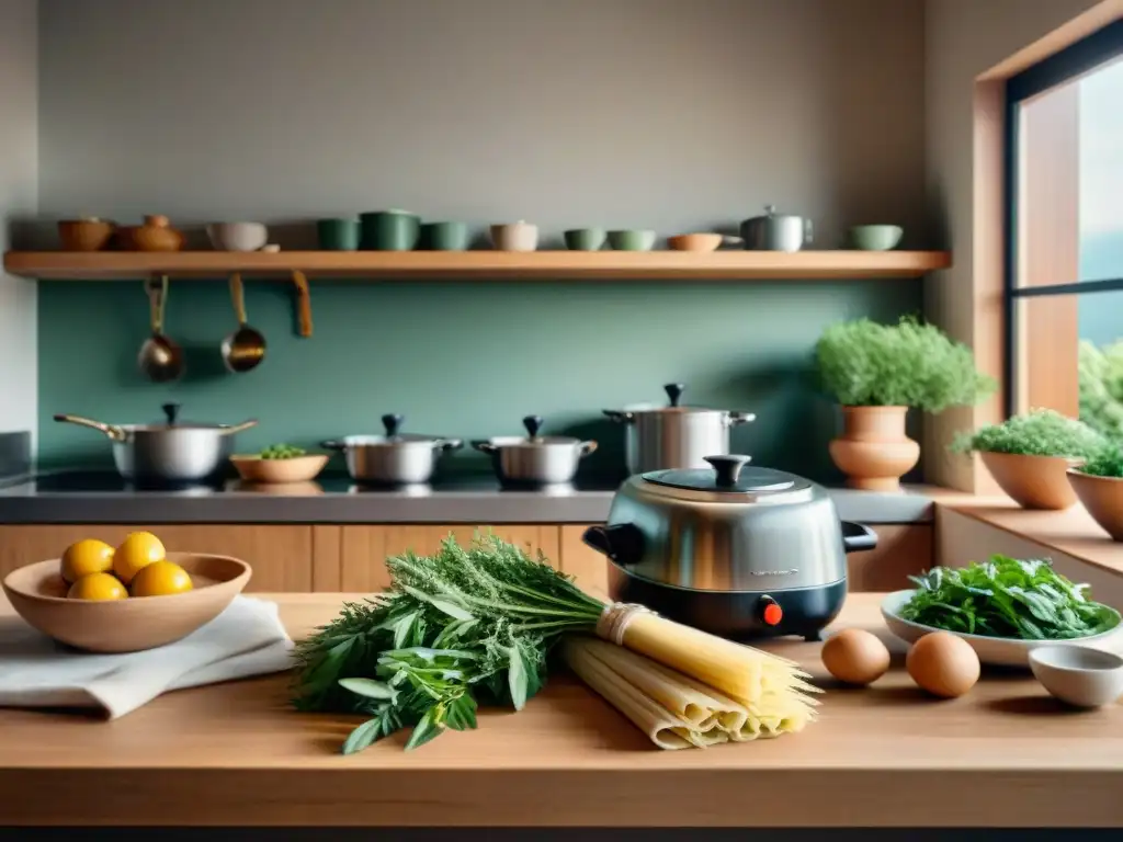 Escena cálida de una familia italiana en una cocina tradicional y moderna disfrutando de una comida casera