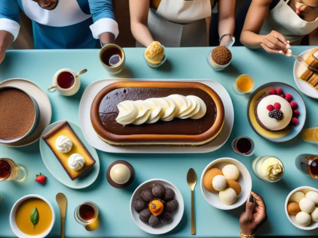 Una escena cálida y multicultural de personas disfrutando postres italianos con toque étnico