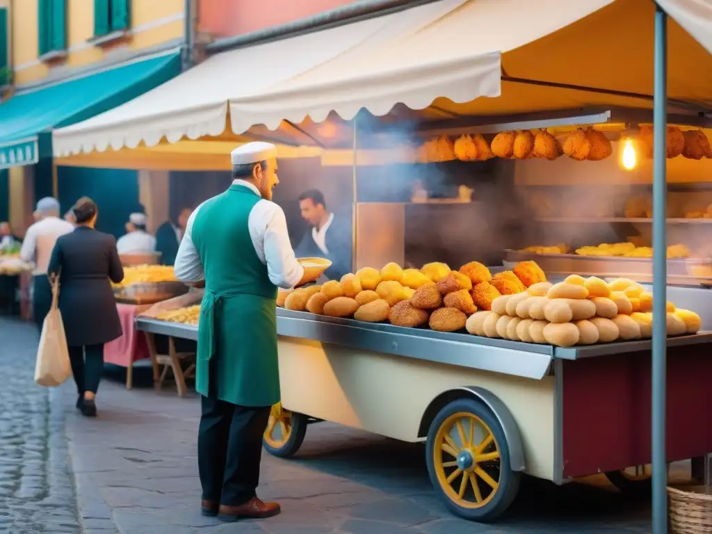 Escena callejera en Campania, Italia, con tentación callejera calzoni fritti y clientes ansiosos