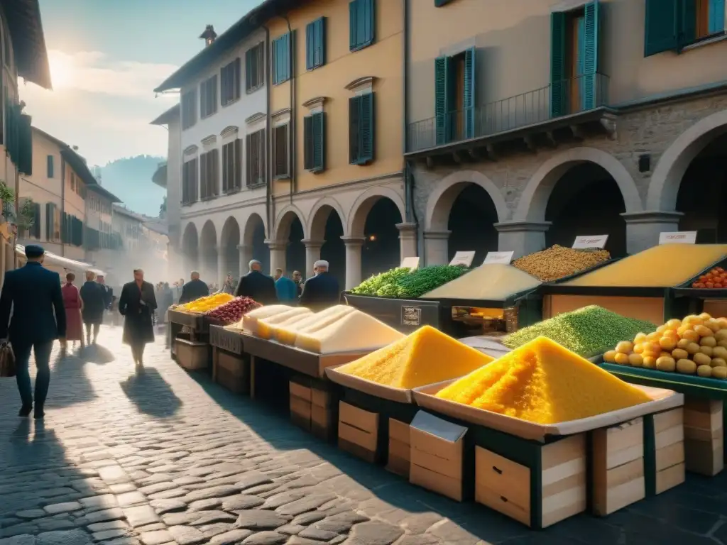 Escena callejera en Bérgamo, Italia, mercado tradicional con receta tradicional polenta e osei, vendedores locales apasionados