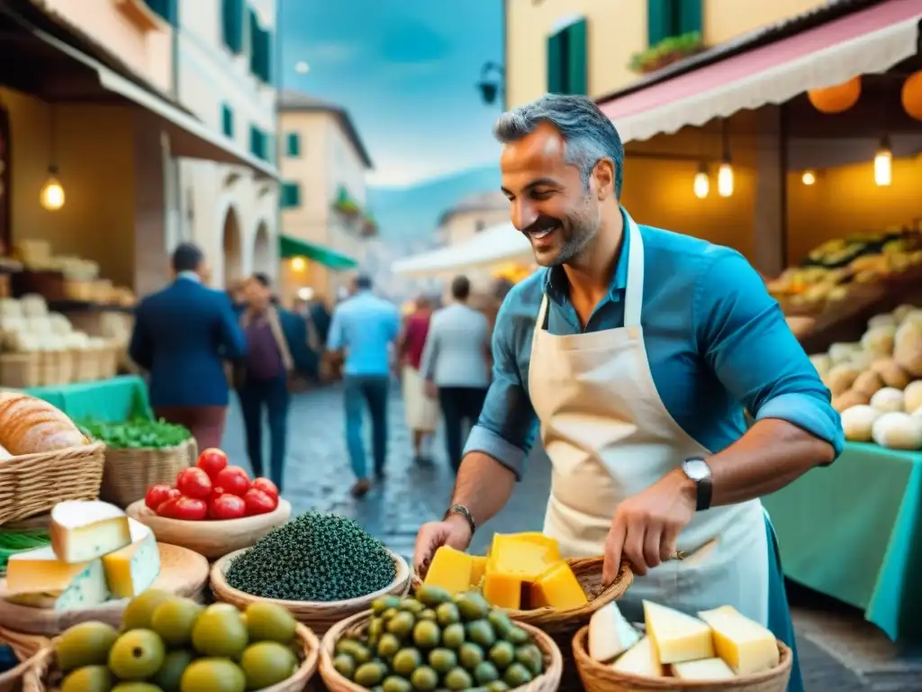 Escena callejera vibrante en Italia, mercado al aire libre con productos frescos, hierbas aromáticas y quesos artesanales