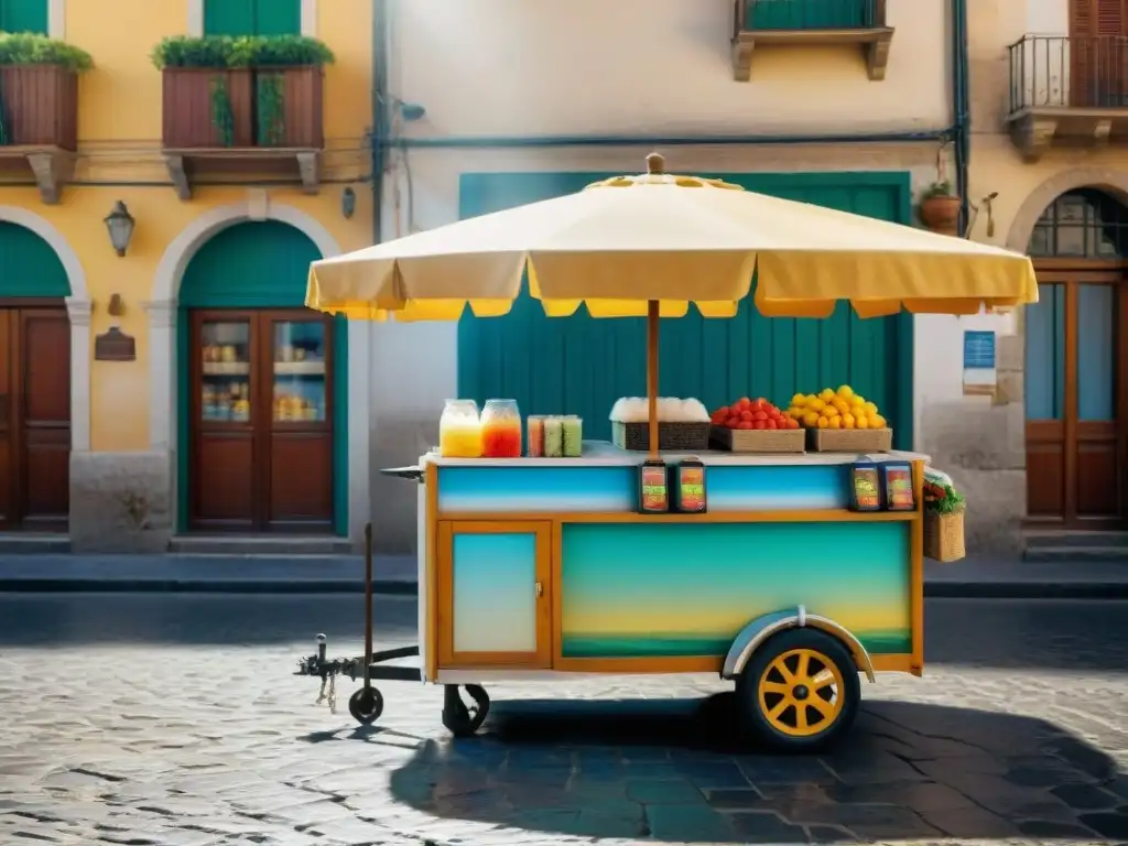 Escena callejera vibrante en Sicilia con una tradicional carreta de granita rodeada de lugareños disfrutando del refrescante manjar