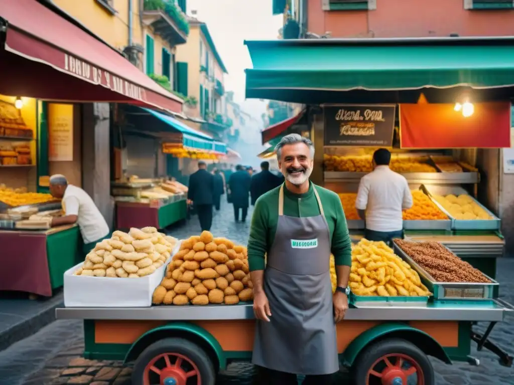 Escena callejera vibrante en Nápoles con vendedor de Scagliozzi y clientes curiosos