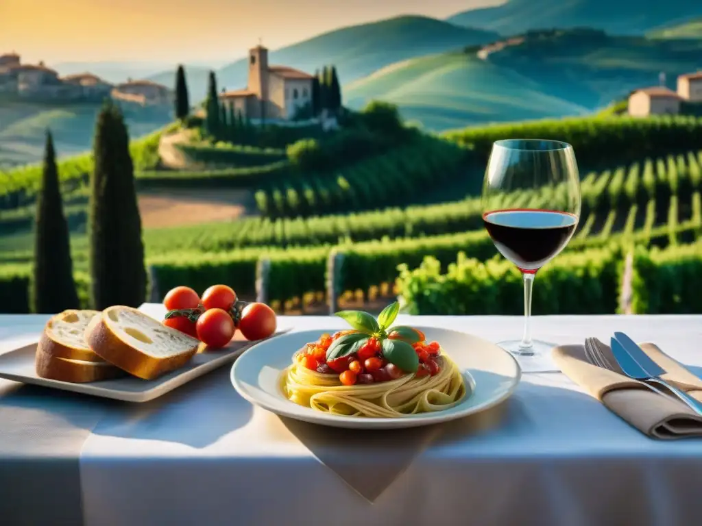 Escena de campo italiano al atardecer con mesa de comidas tradicionales y tendencias