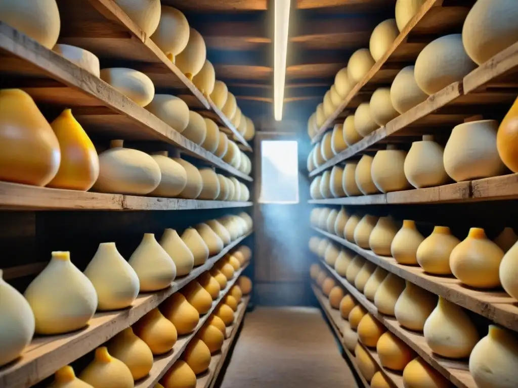 Escena cautivadora en bodega italiana con ruedas de Scamorza ahumada, destacando su textura cremosa