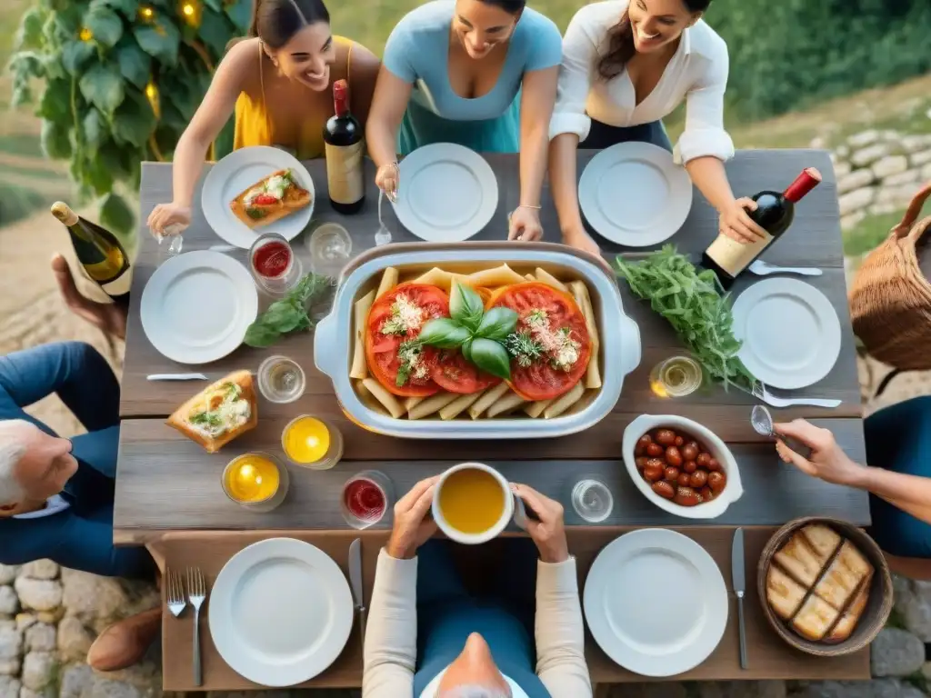 Escena de cena italiana tradicional con platos típicos y diversidad de comensales disfrutando en el campo