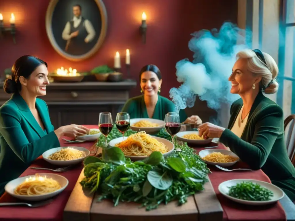 Escena cinematográfica: familia italiana disfruta de una cena abundante alrededor de una mesa rústica