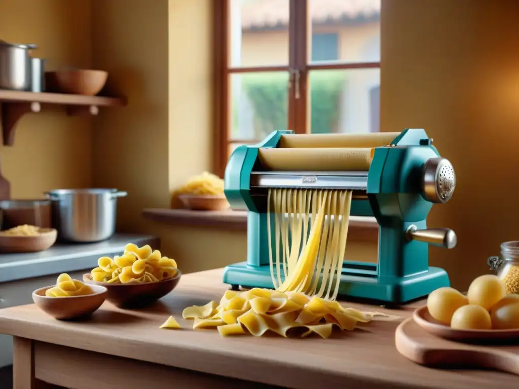 Una escena clásica italiana de cocina con una nonna feliz haciendo pasta a mano