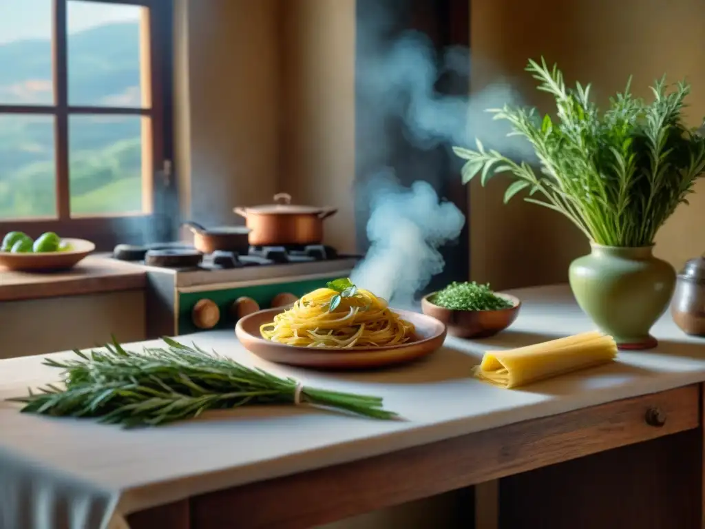 Escena de cocina italiana con ajedrea fresca en mesa de madera rústica