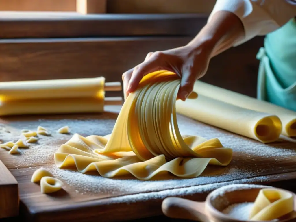 Escena de cocina italiana de alta gama: manos expertas creando pasta artesanal en un entorno rústico bañado en cálida luz dorada