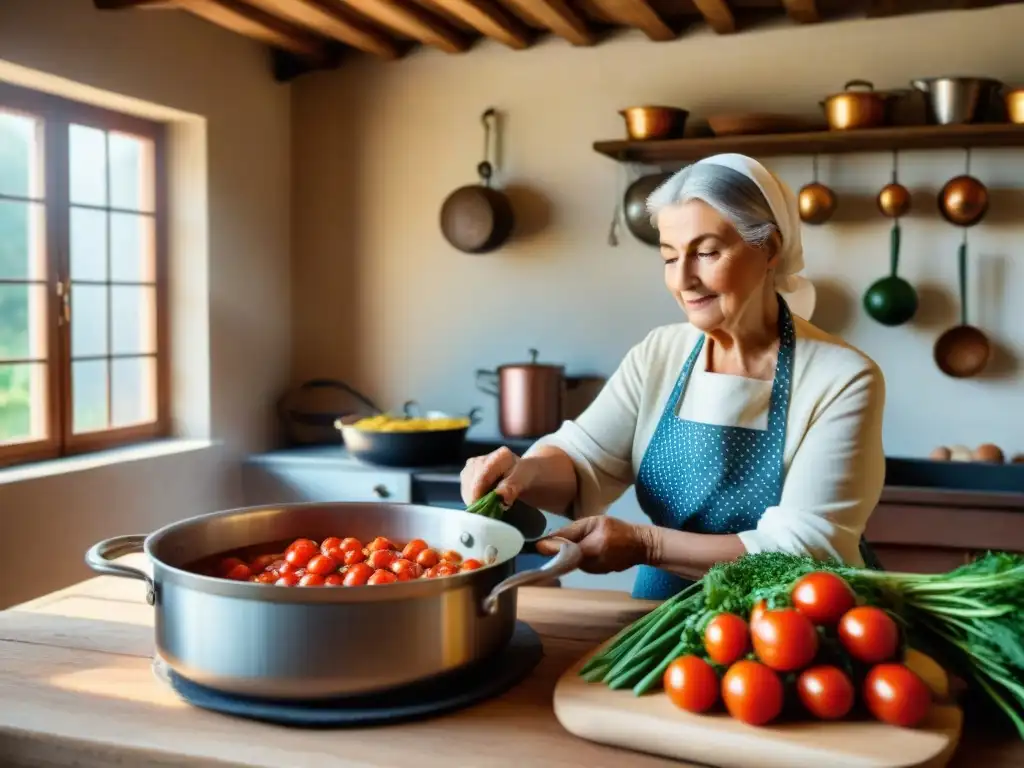 Escena de cocina italiana auténtica con nonna preparando minestrone