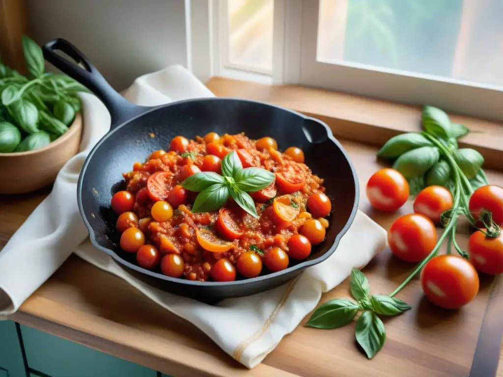 Una escena de cocina italiana con la mejor sartén de hierro fundido, salsa de tomate burbujeante y ingredientes frescos