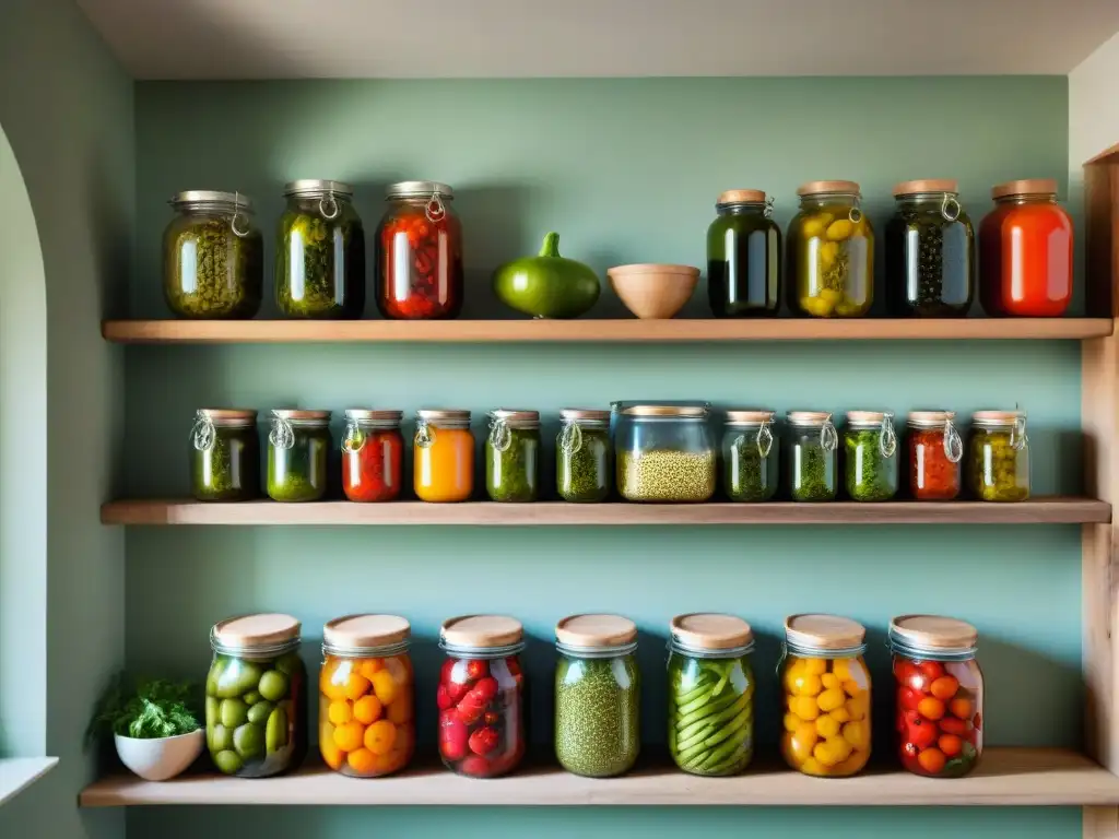 Escena de cocina italiana rústica con tarros de vegetales lactofermentados, destacando la tradición de la lactofermentación de vegetales italianos saludables