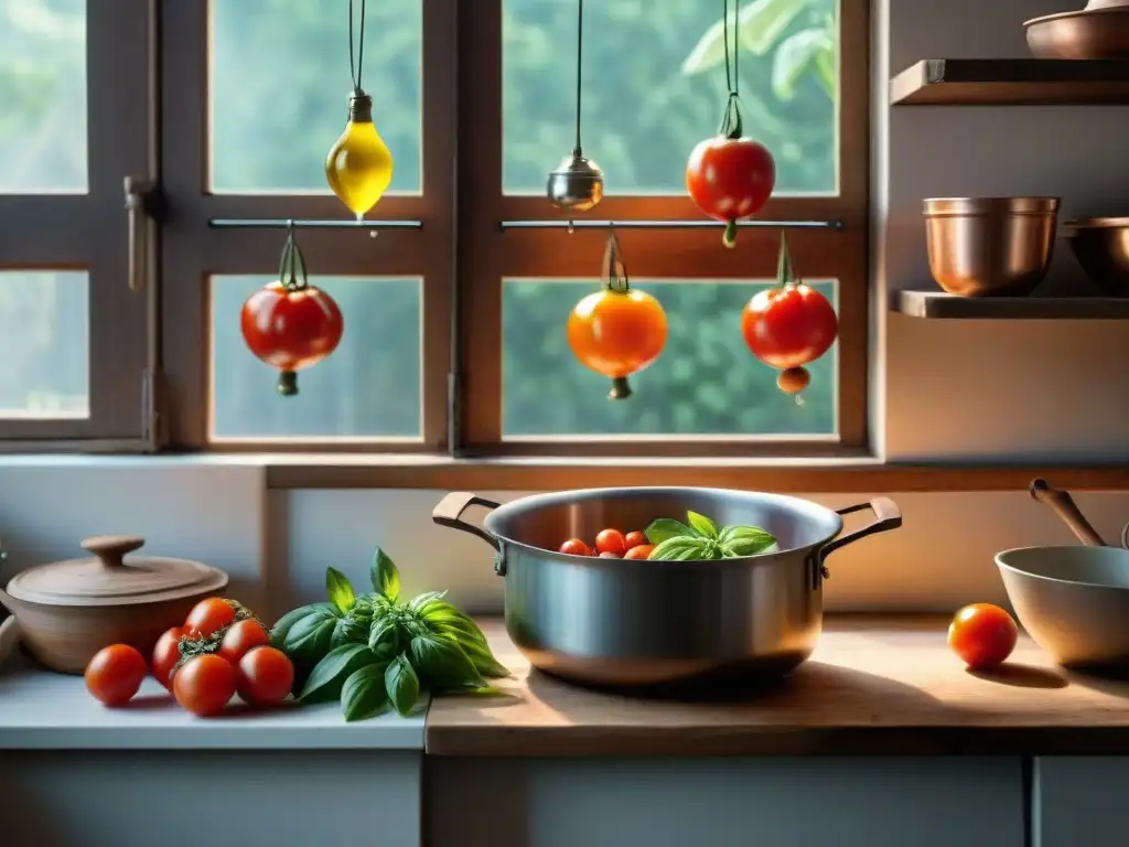 Escena de cocina italiana rústica con tomates maduros, albahaca fresca, ajos y aceite de oliva en cuencos coloridos