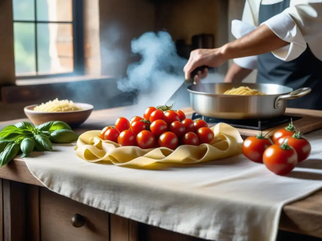 Escena de cocina italiana rústica con ingredientes tradicionales, recetas italianas innovadoras con ingredientes tradicionales