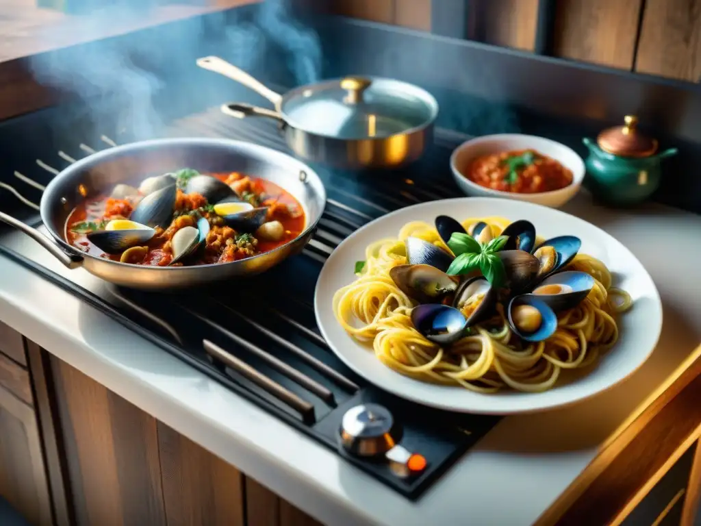 Una escena de cocina italiana tradicional con platos icónicos como spaghetti alle vongole y pizza margherita, evocando calidez y comfort