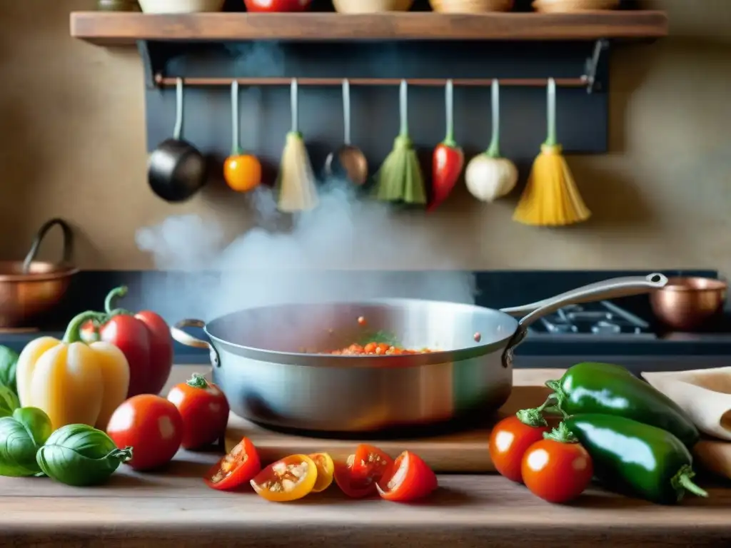 Escena de cocina italiana tradicional con secretos para platos saludables