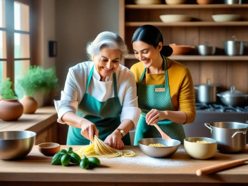 Cálida escena de cocina italiana tradicional y moderna: una nonna enseña a un joven chef a hacer pasta casera en una acogedora cocina rústica