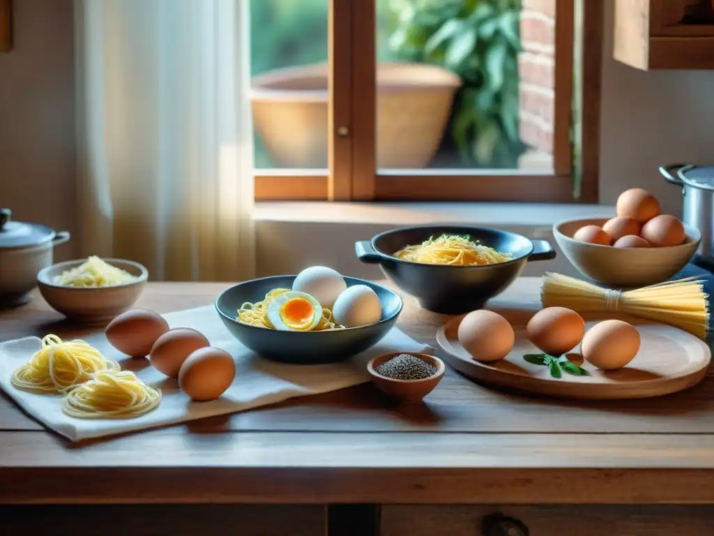 Escena de cocina italiana tradicional con ingredientes para carbonara