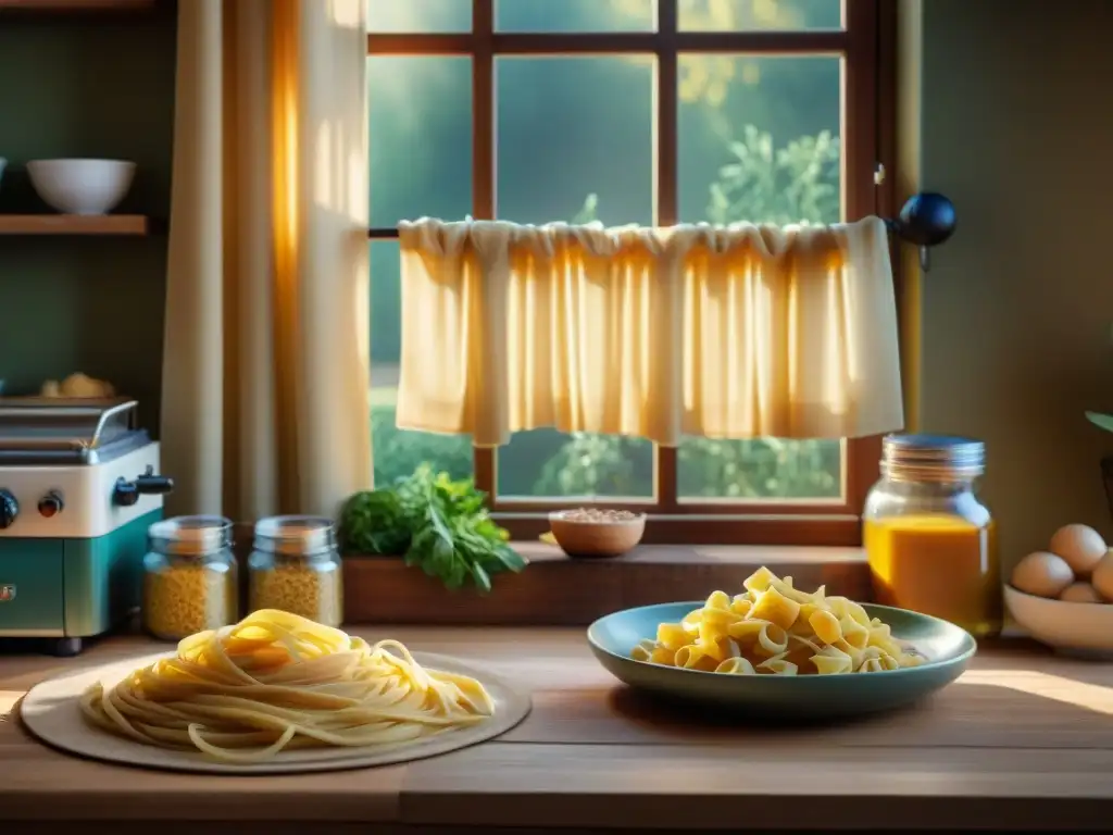 Escena de cocina italiana tradicional con pasta fresca secándose al sol y la mejor máquina de pasta para aficionados